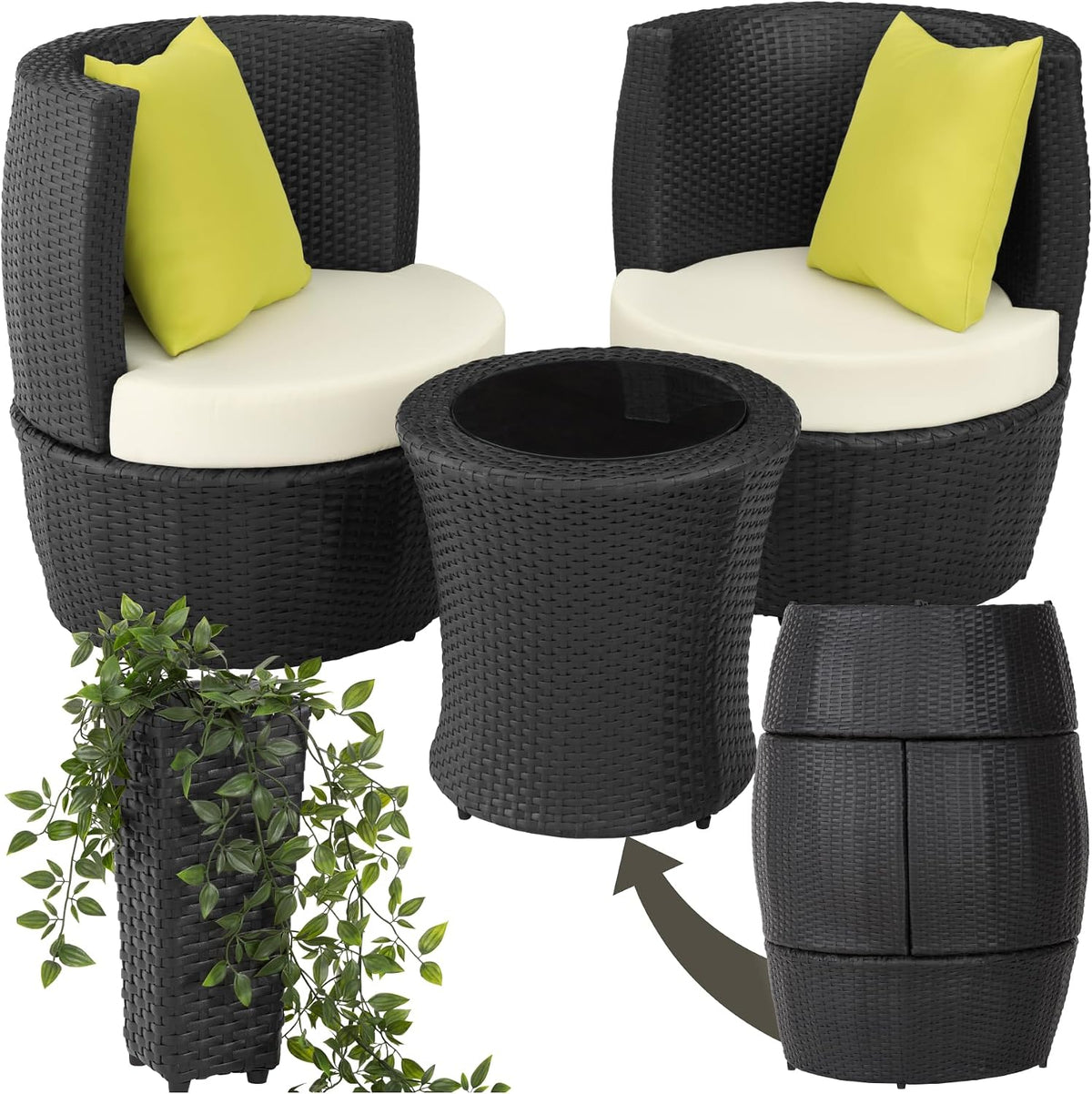 Conjunto de jardim, tectake, com 2 Cadeiras, alumínio, ratã, Preto, para jardim e exterior