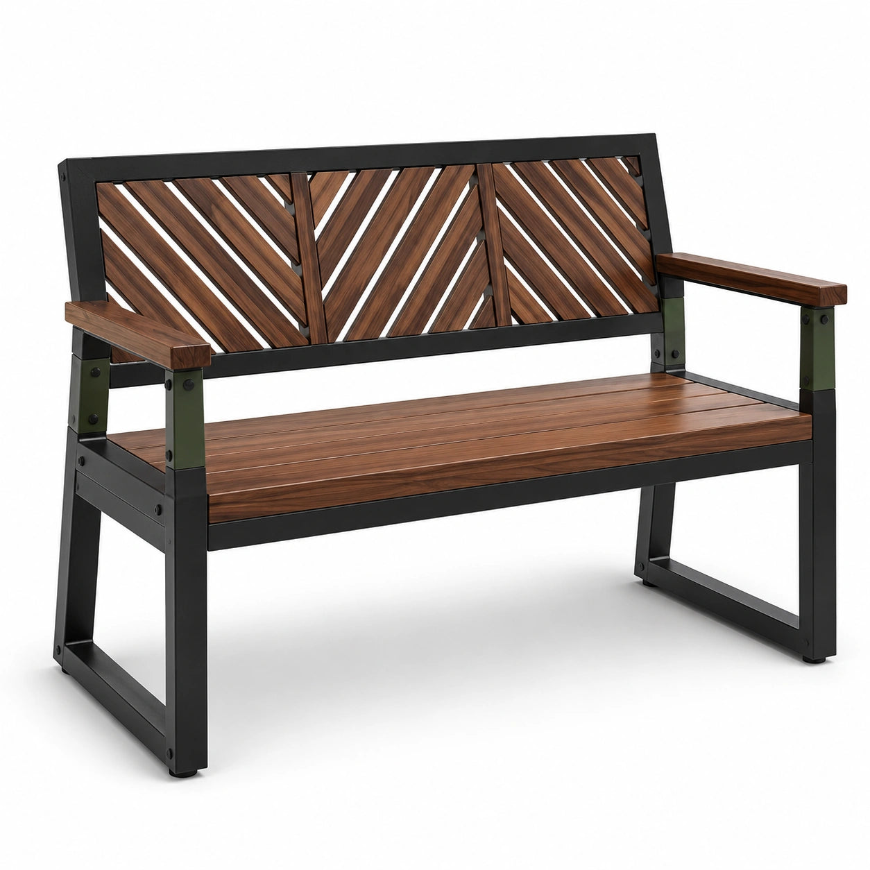 Banco de madera y metal con respaldo decorativo 120 cm