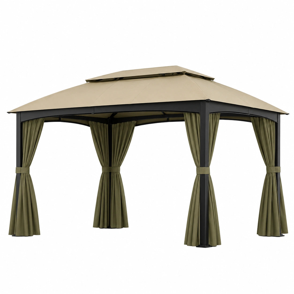 Pabellón de Jardín de Aluminio con Cortinas de Poliéster Verde y Techo Beige 3x3m
