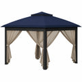 Cenador de Aluminio con Techo Azul y Cortinas Beige