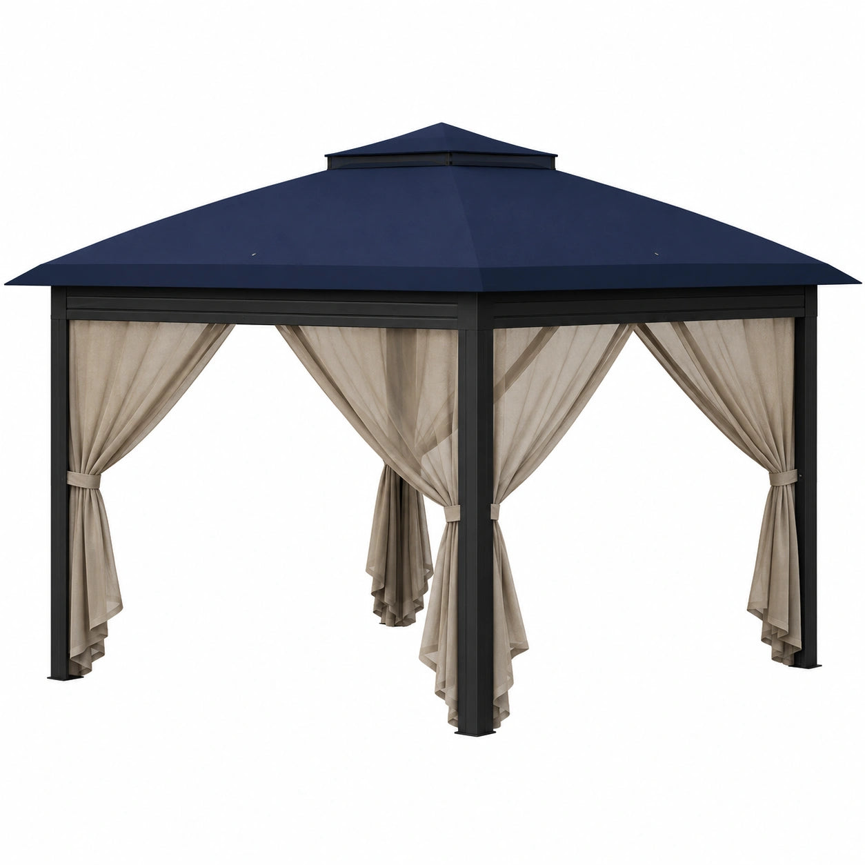 Cenador de Aluminio con Techo Azul y Cortinas Beige
