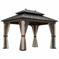 Pérgola de Metal con Cortinas de Poliéster Azul/Marrón/Beige 300x300x280 cm