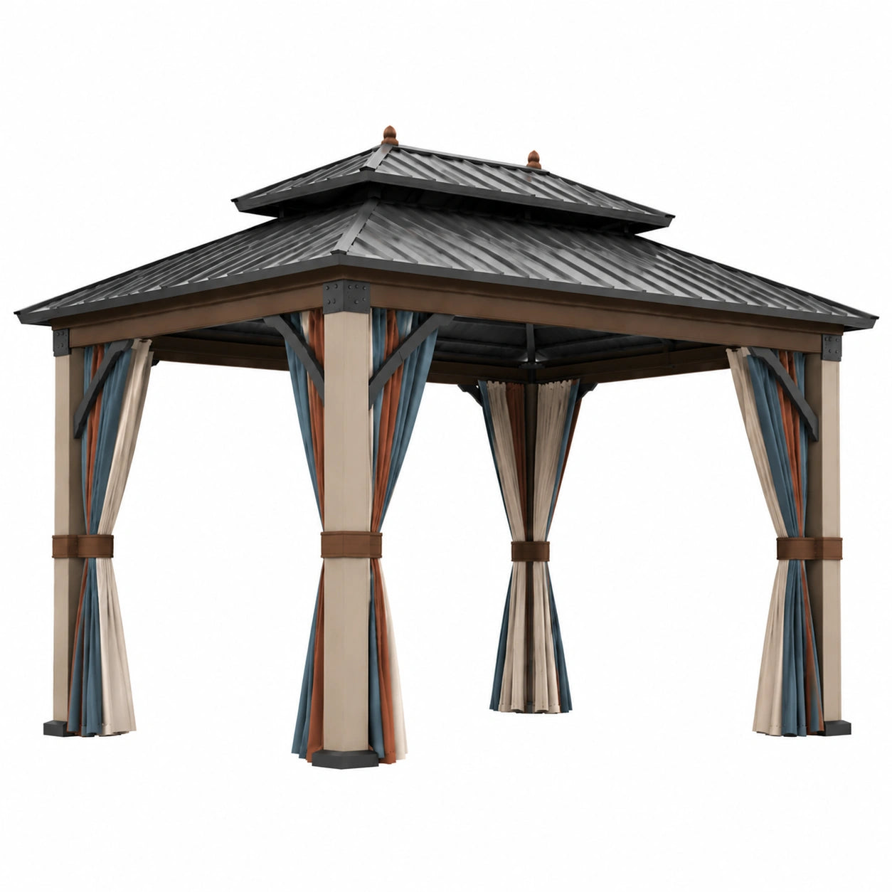 Pérgola de Metal con Cortinas de Poliéster Azul/Marrón/Beige 300x300x280 cm