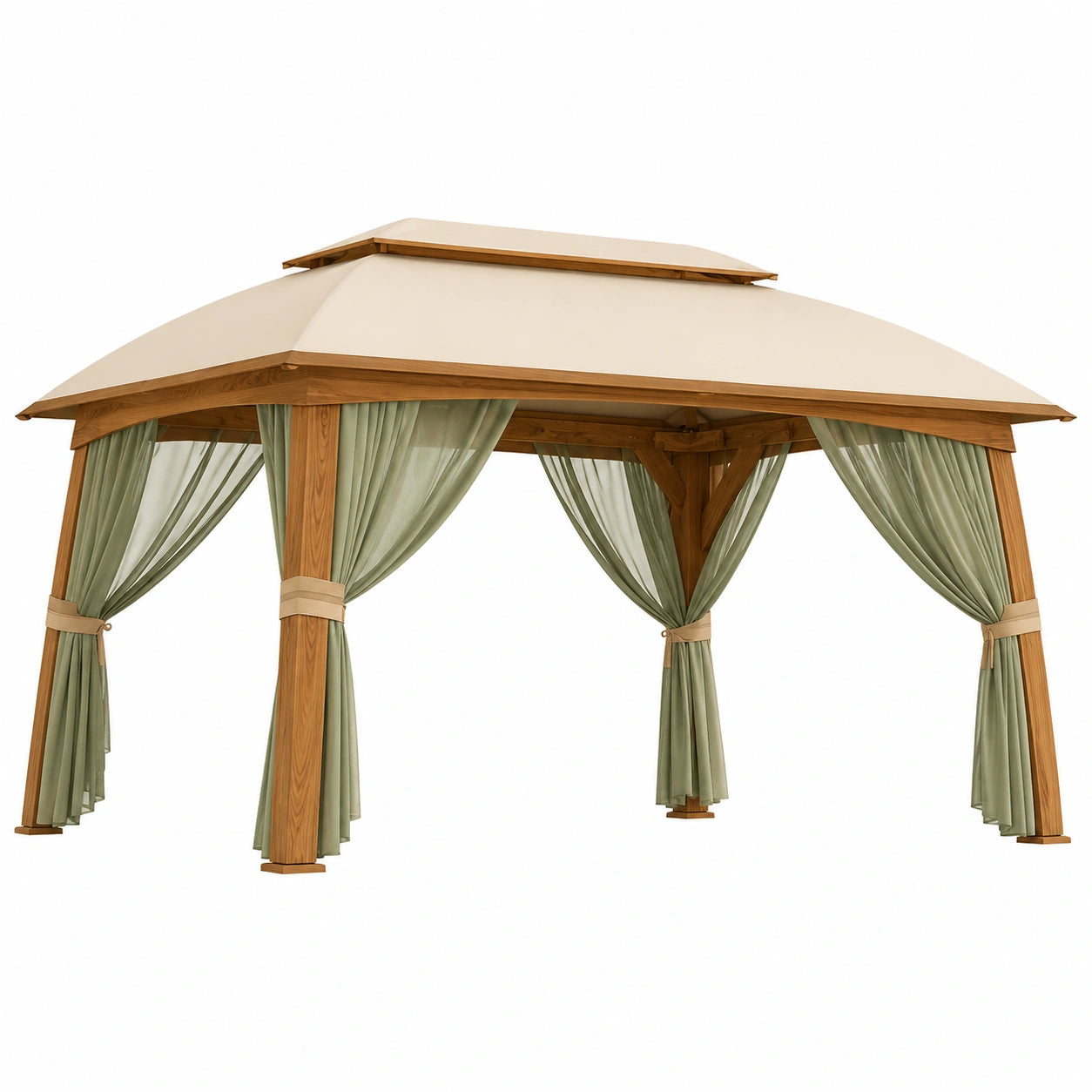 Pérgola de Madera con Lona Beige y Cortinas Verdes 300x400 cm