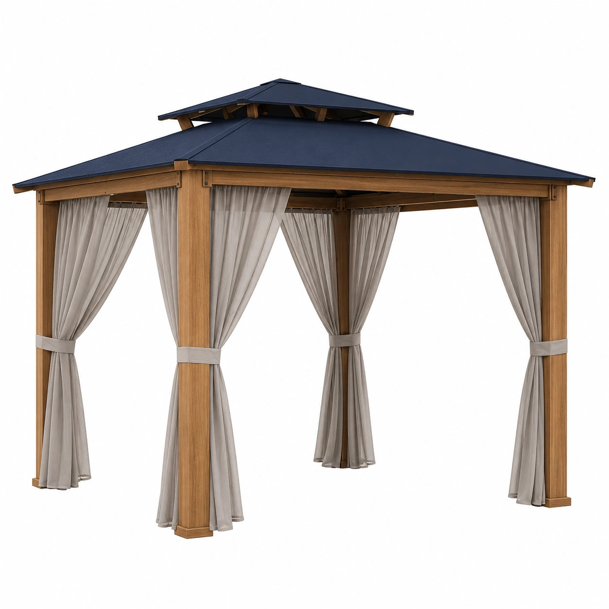 Pérgola de Madera con Techo de Poliéster Azul y Cortinas Beige