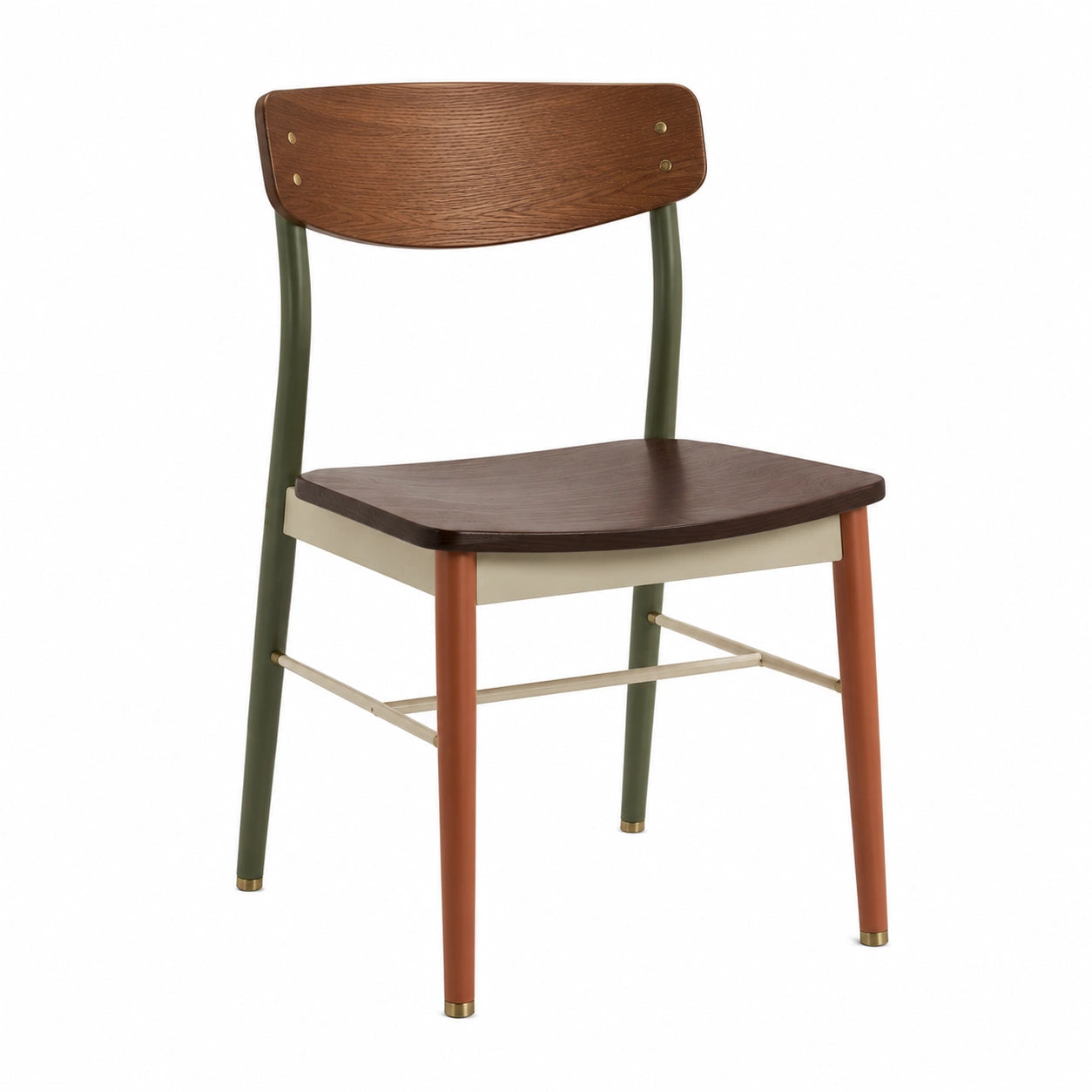 Silla de madera y metal con respaldo de roble y patas multicolor