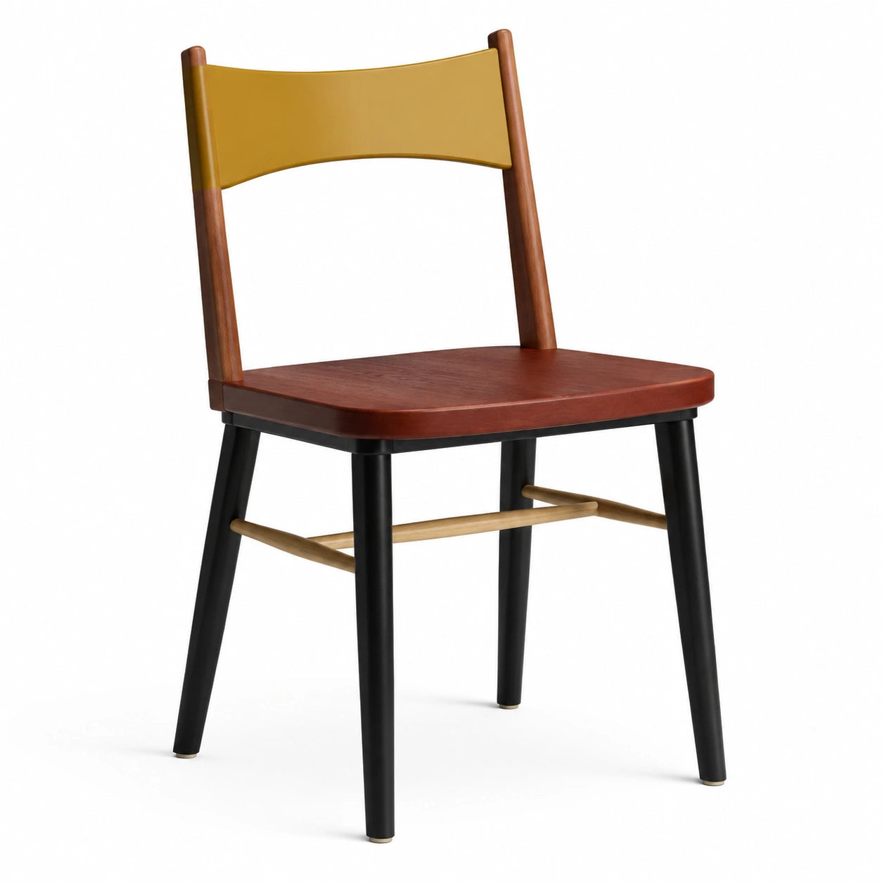 Silla de madera de nogal y metal con respaldo de contrachapado amarillo