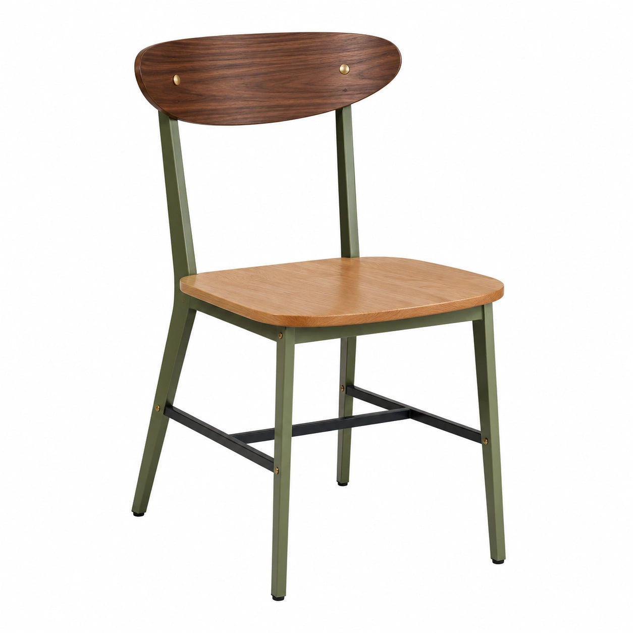 Silla de metal verde con asiento de roble y respaldo de nogal