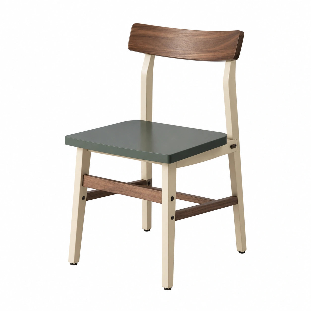 Silla de madera y metal con asiento verde
