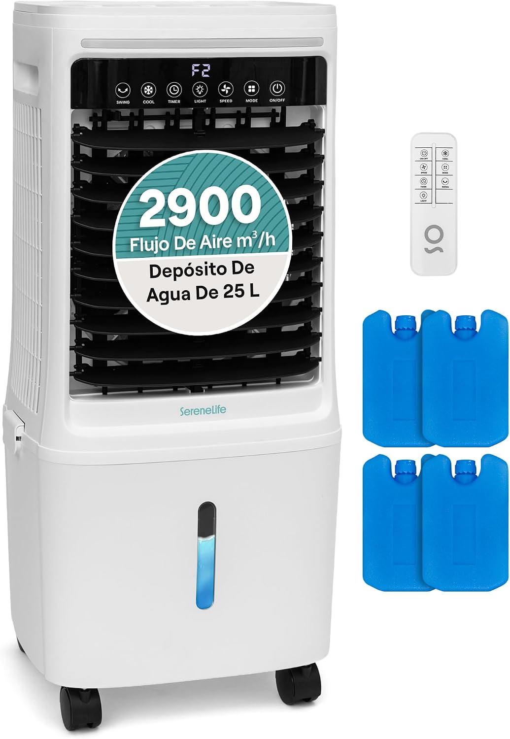 Climatizador evaporativo, SereneLife, 25 L, 1,8 kg, 2 velocidades, 3 velocidades, com comando à distância, com iluminação LED, com rodas, Natural