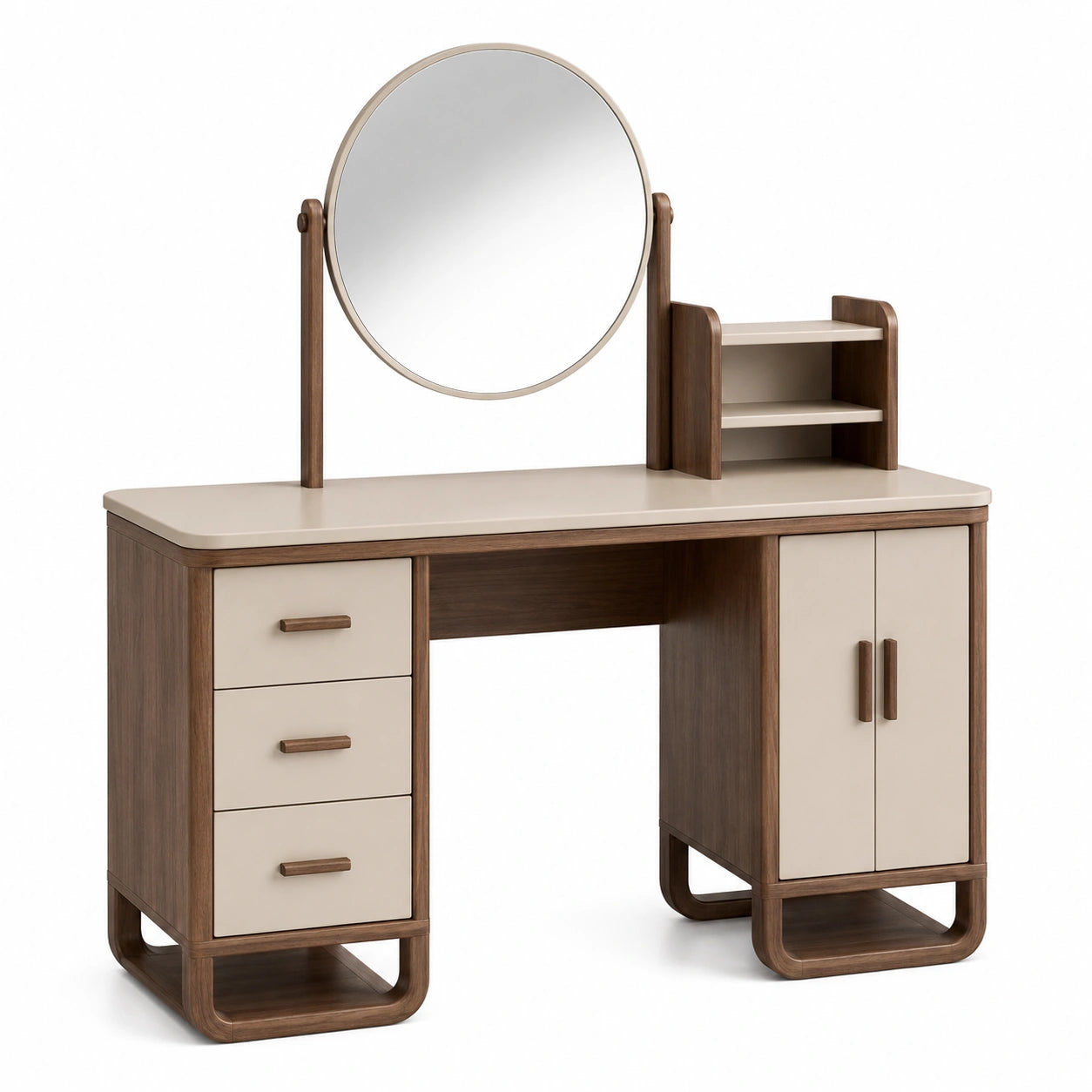Tocador de Madera de Nogal y MDF Beige con Espejo Redondo