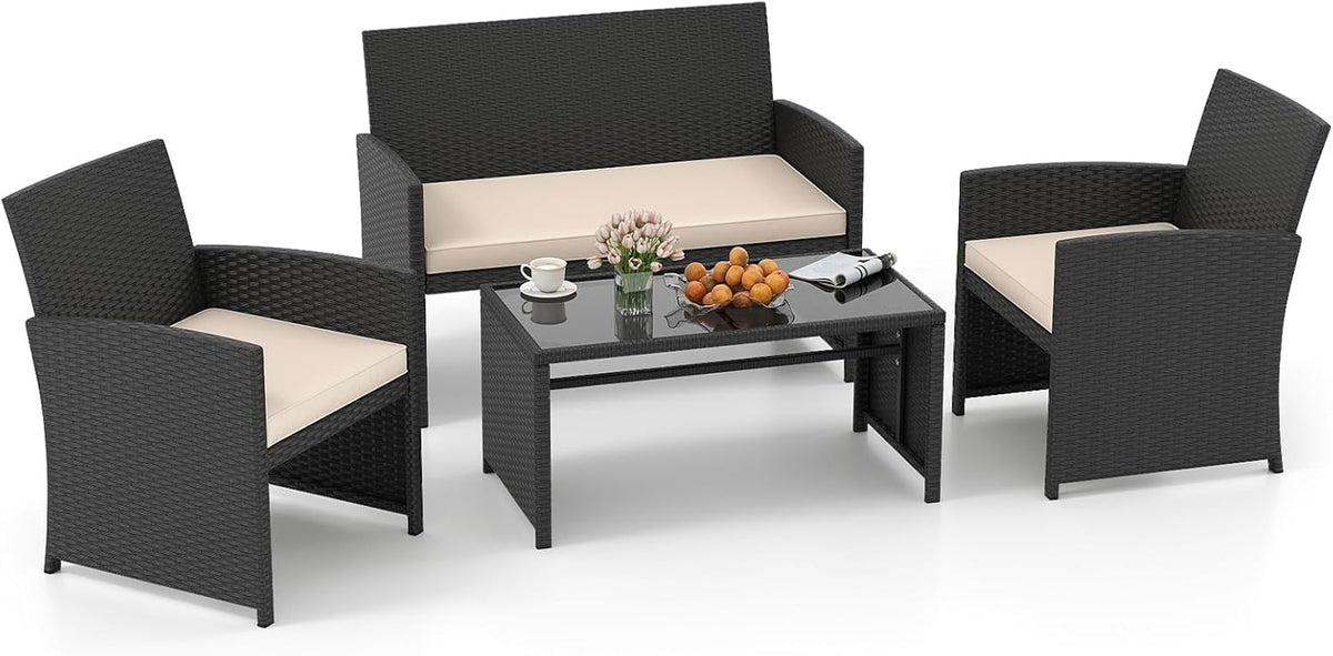 Conjunto de mobiliário de jardim, SOARS, 4 pessoas, 6 cm, 180 kg, 360 kg, 45 kg, 34,5 cm, vidro, tecido, Preto / Cinzento, para jardim e exterior
