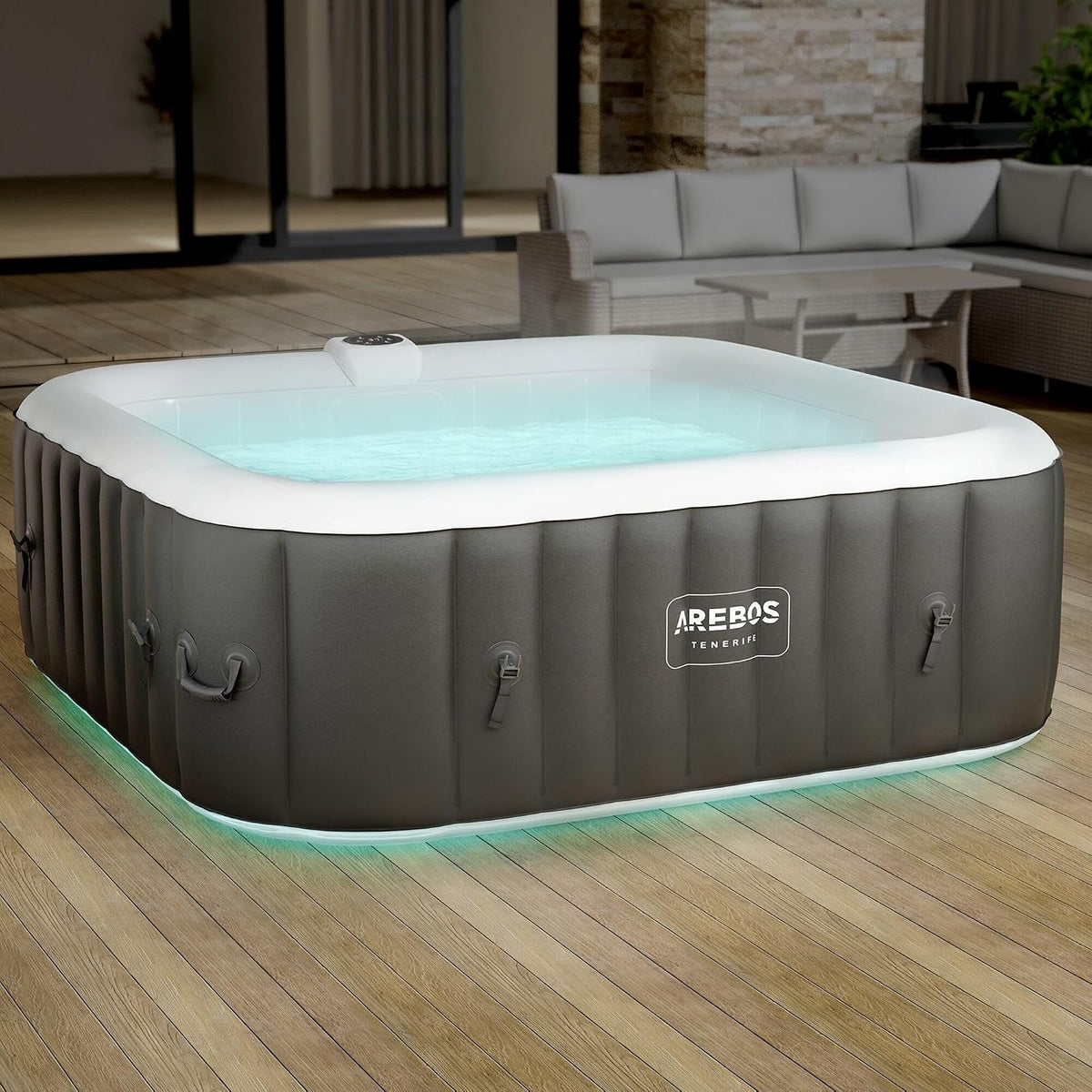 Spa insuflável, Arebos, SPA, 2400 W, 1800 W, 600 W, 185 cm, 910 L, 185 × 185 cm, com comando à distância, com iluminação LED, Multicolor