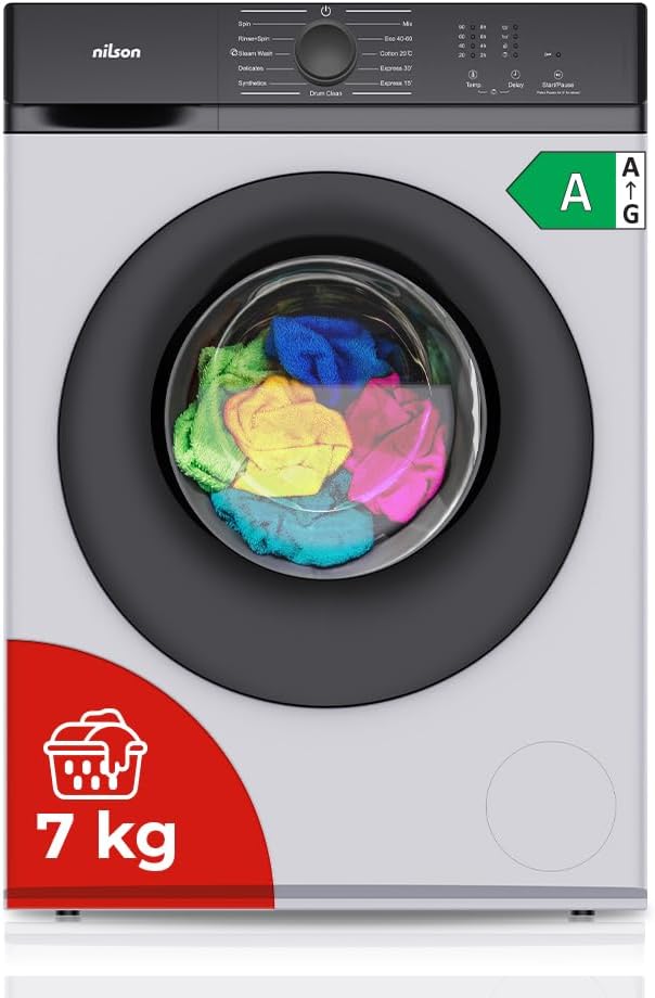 Máquina de lavar roupa, NILSON, NL7201AI, 7 Kg, 1600 W, 1200 rpm, 11 Programas, classe energética A, aço inoxidável, aço, Branco, para uso diário