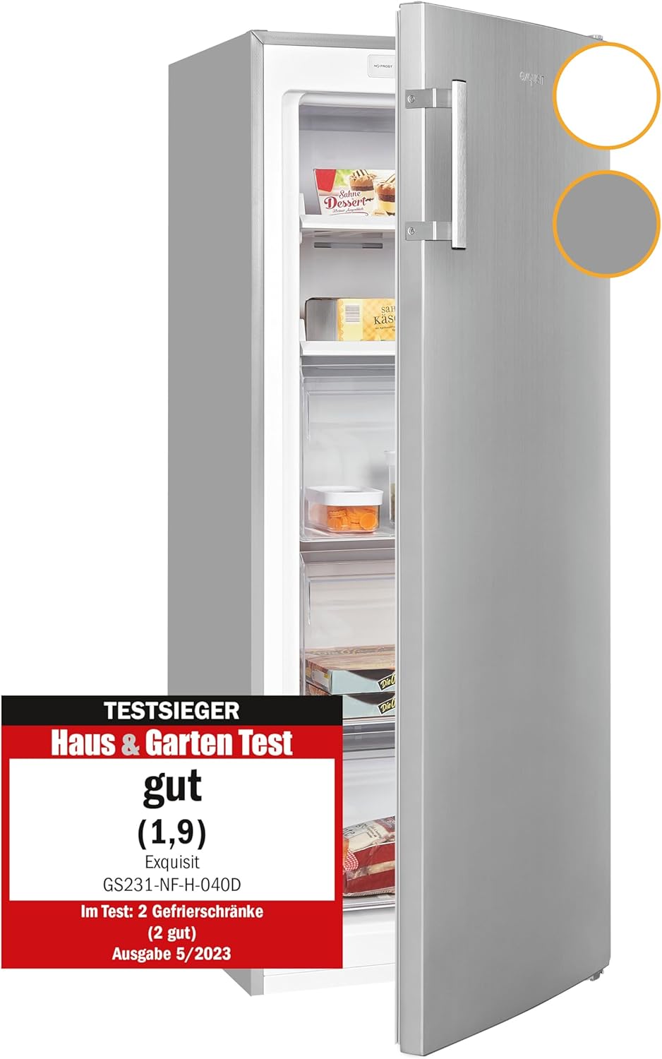 Congelador vertical, Exquisit, 161 L, Classe D, regulável, com prateleiras, com rodas, aço inoxidável, aço, Branco, para uso diário