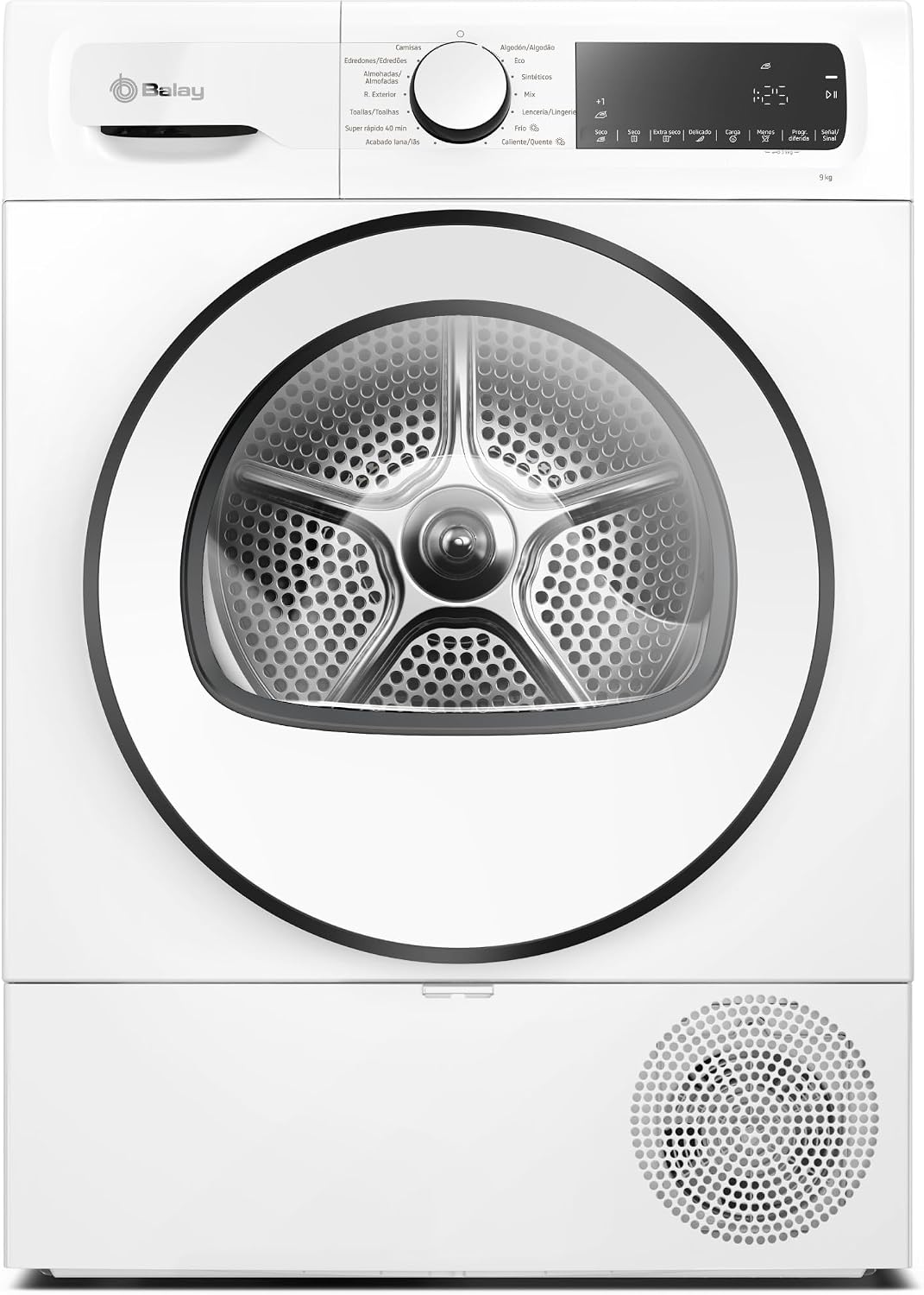 Máquina de secar roupa, Balay, 3SB090BE, 9 kg, 61,3 cm, 84,2 × 59,8 × 61,3 cm, com iluminação LED, com prateleiras, aço, tecido, Branco