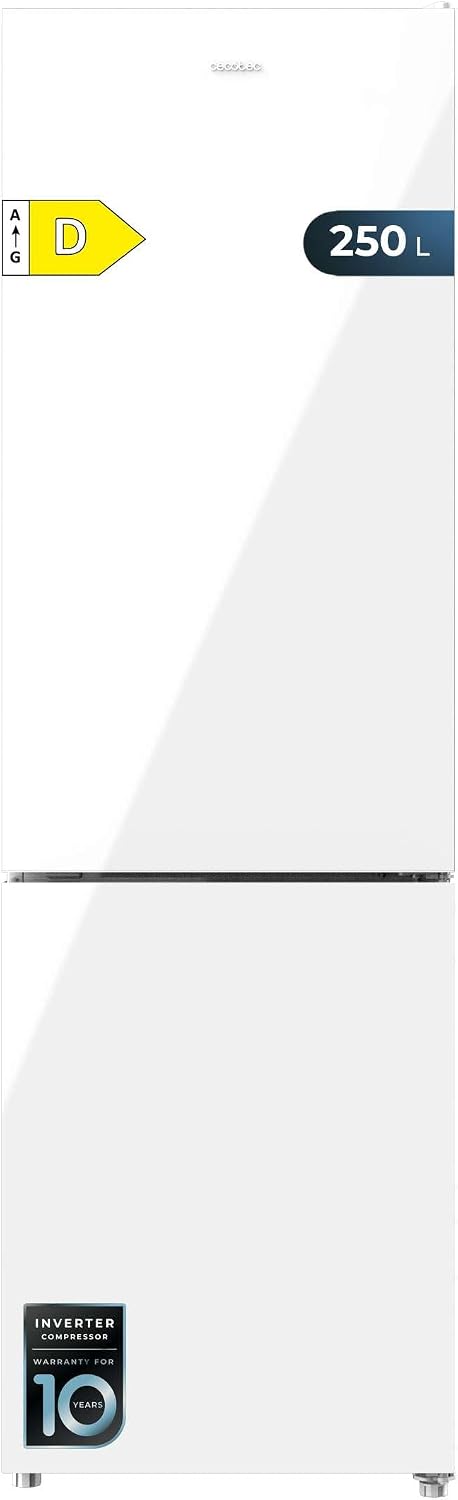 Cecotec, Frigorífico combinado, 250 L, 180 X55 Cm, Classe D, regulável, com gavetas, com prateleiras, vidro, Branco, para uso diário