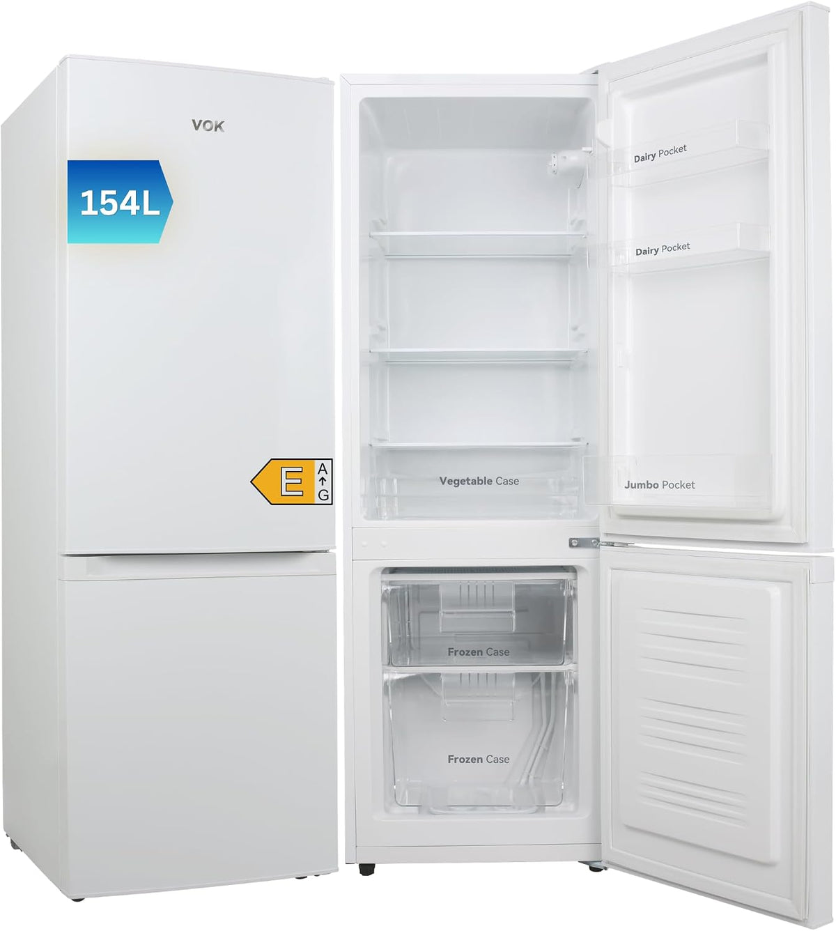 Frigorífico combinado, VOK, 154 L, 142 cm, 3 cm, 39 dB, Classe E, com gavetas, com prateleiras, vidro, Branco, para uso diário