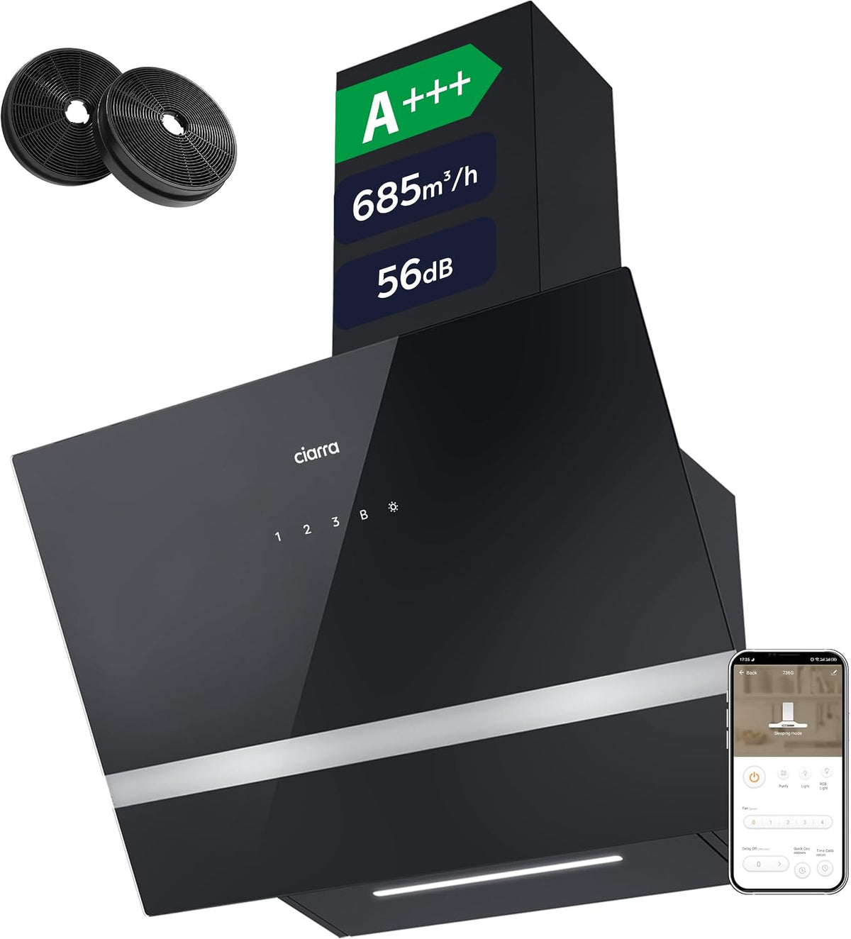 Exaustor, CIARRA, CBCB6736H, 60 cm, Classe A+++, com iluminação LED, com controlo por aplicação, alumínio, vidro, Prateado, para uso diário