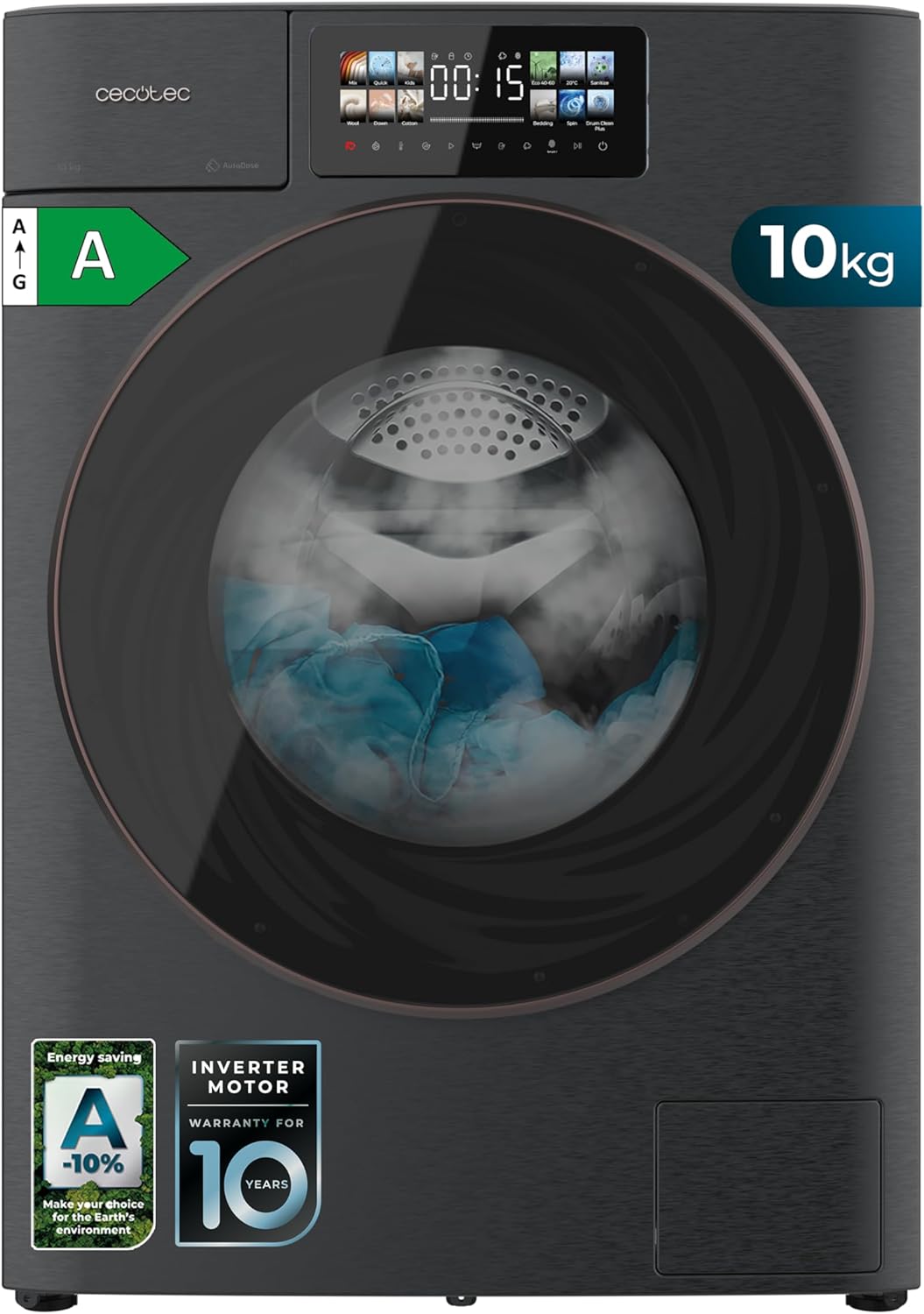 Cecotec, Máquina de lavar roupa, 10 Kg, 1400 RPM, 16 Programas, tecido, Multicolor, para uso diário