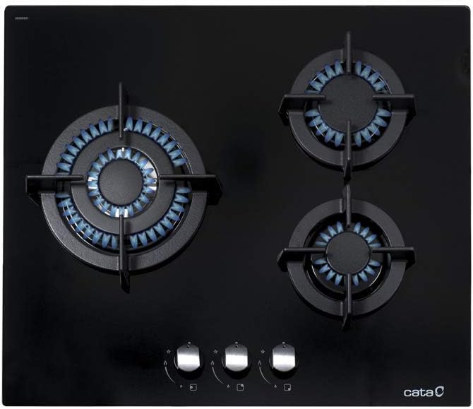 Placa de cozinha, Cata, 59 cm, 3,5 kW, 1,75 kW, 1 kW, 6,25 kW, aço, vidro, Preto, para a cozinha