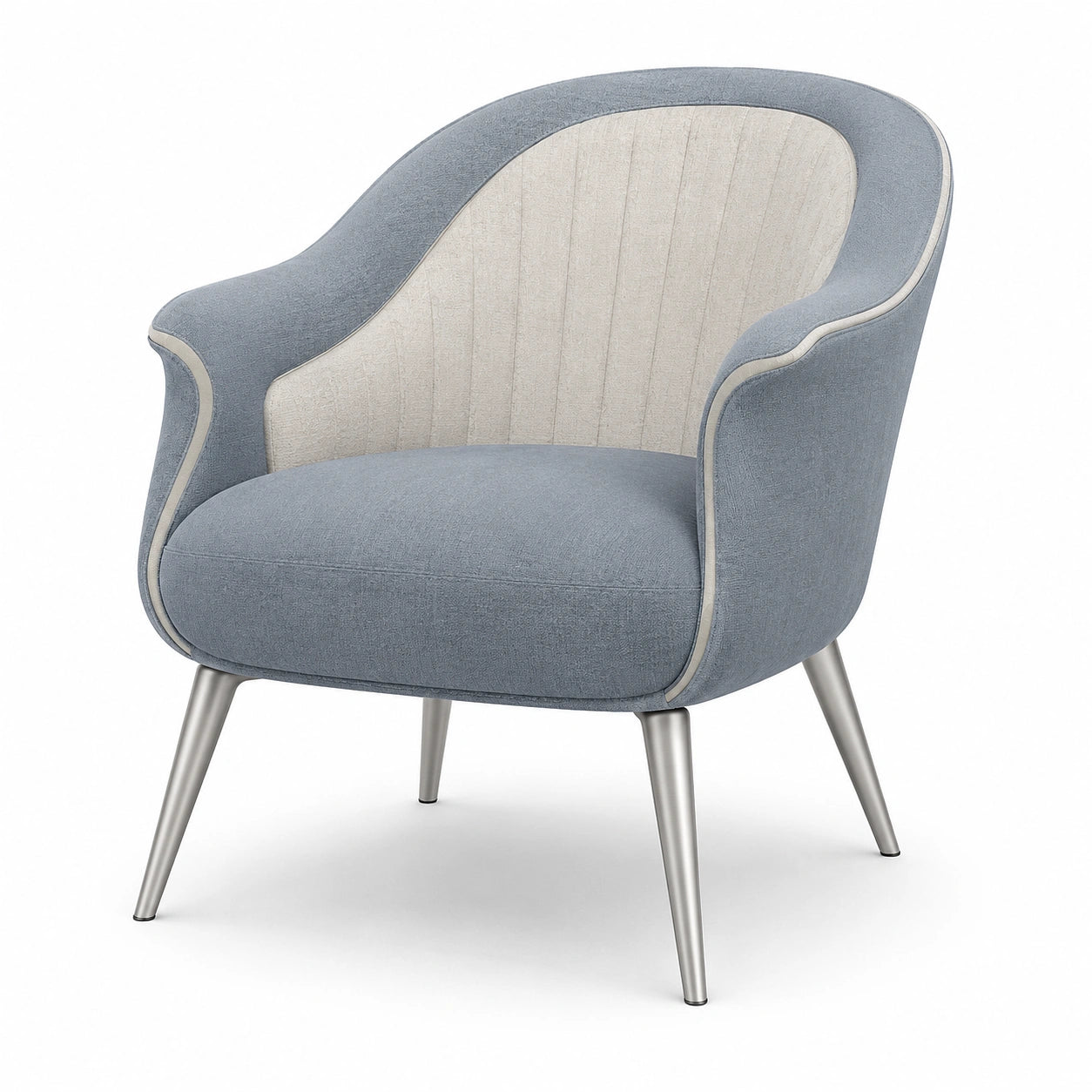 Sillón de tela gris azulado y beige con patas de metal