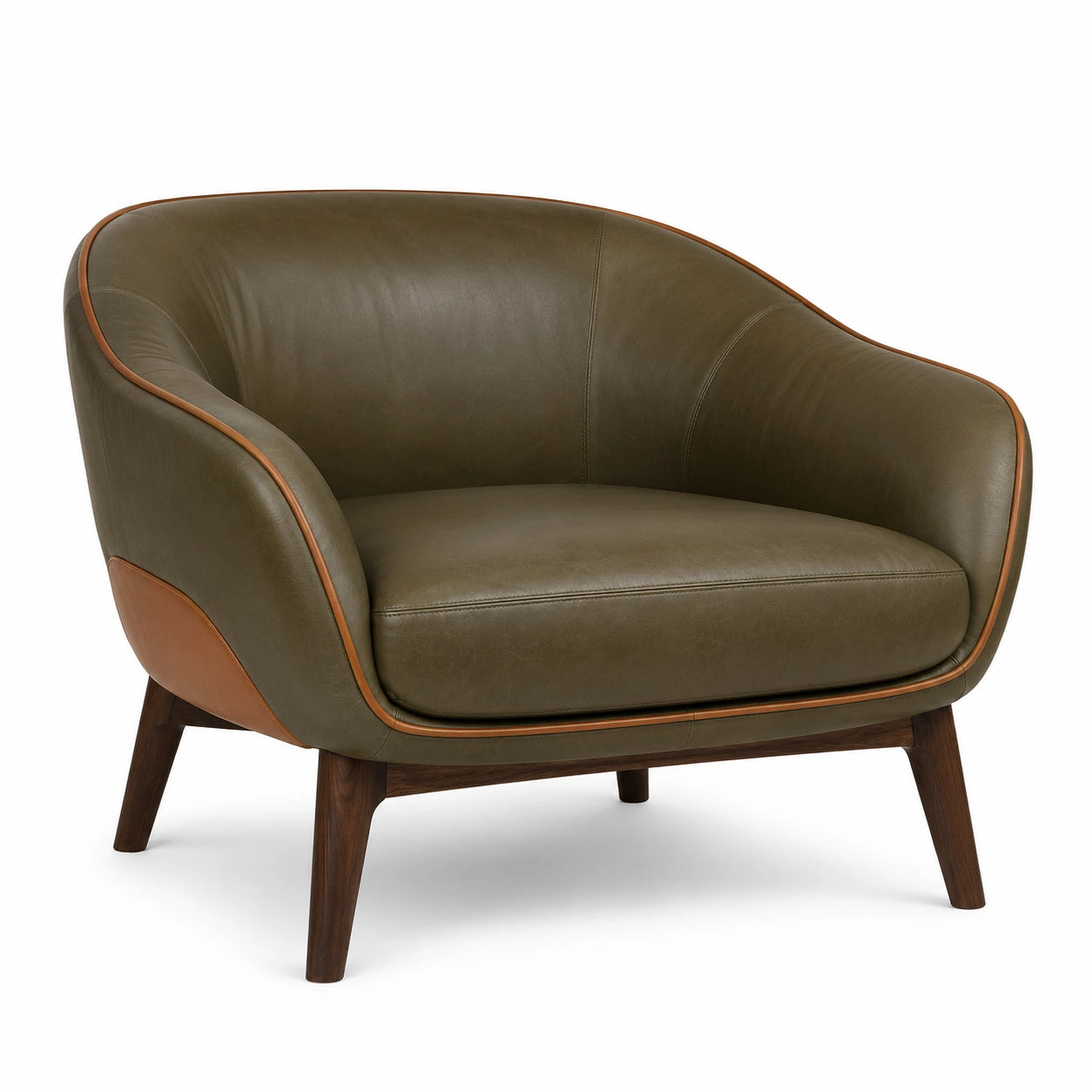 Sillón de cuero y madera de nogal en verde oliva