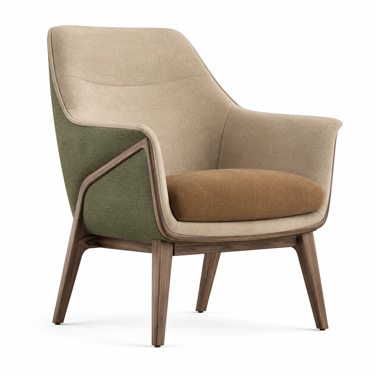 Sillón de lino beige y verde con estructura de nogal