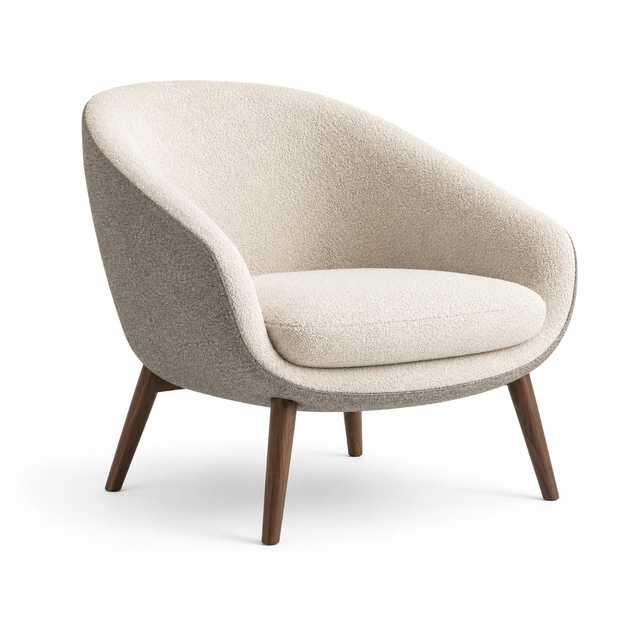 Sillón de bouclé beige con patas de madera