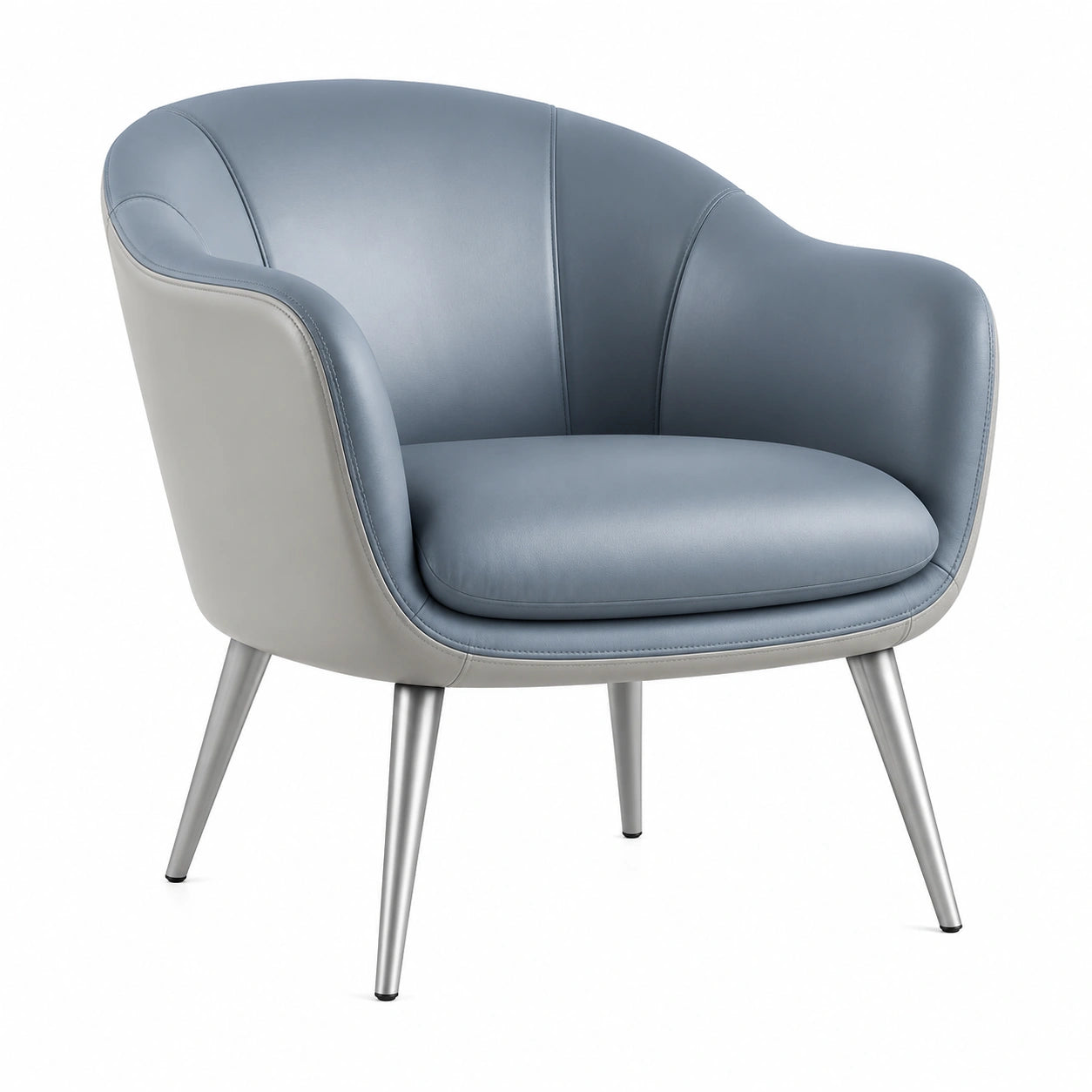 Sillón de cuero sintético azul y gris con patas de metal