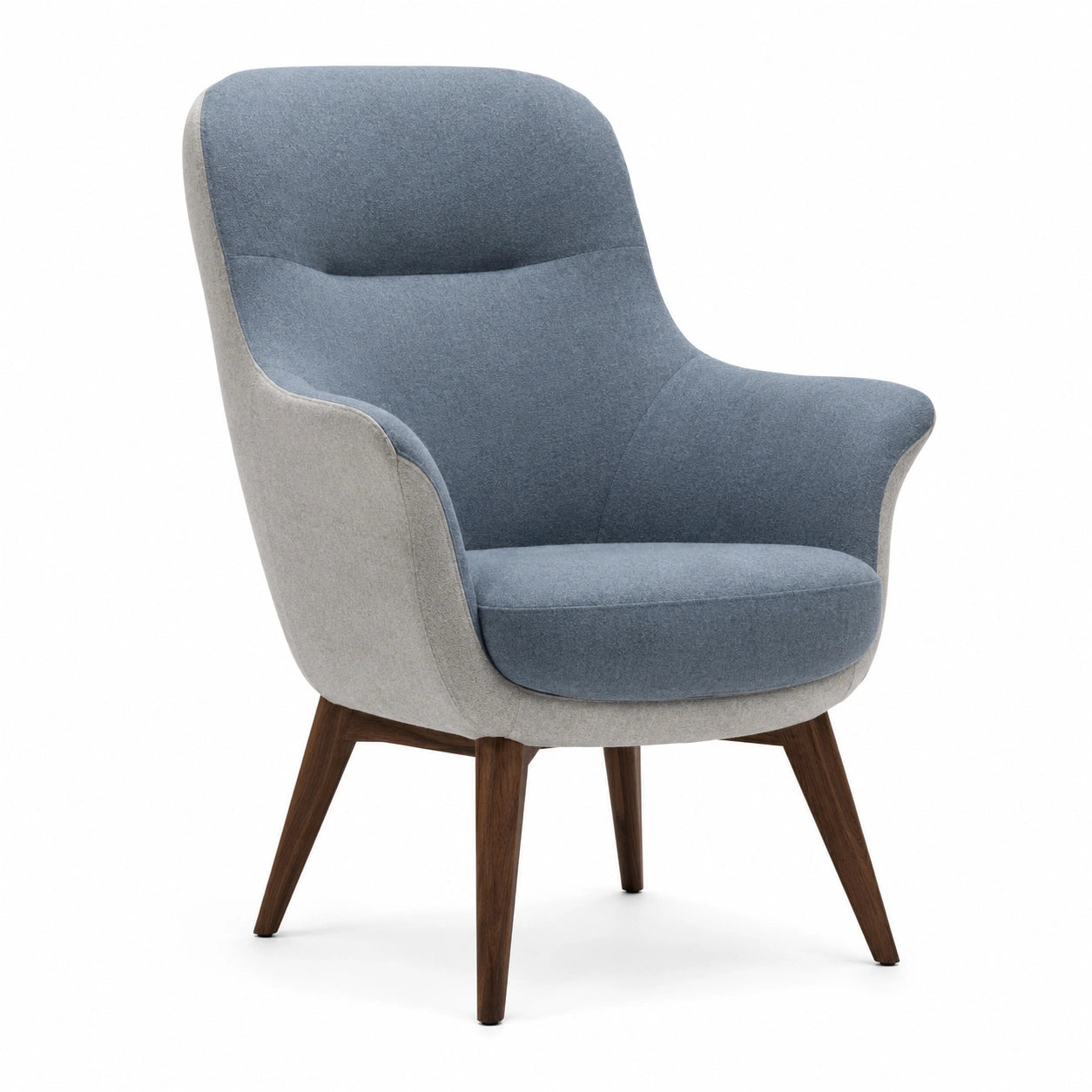 Sillón de Tela Azul y Gris con Patas de Madera Contrachapada