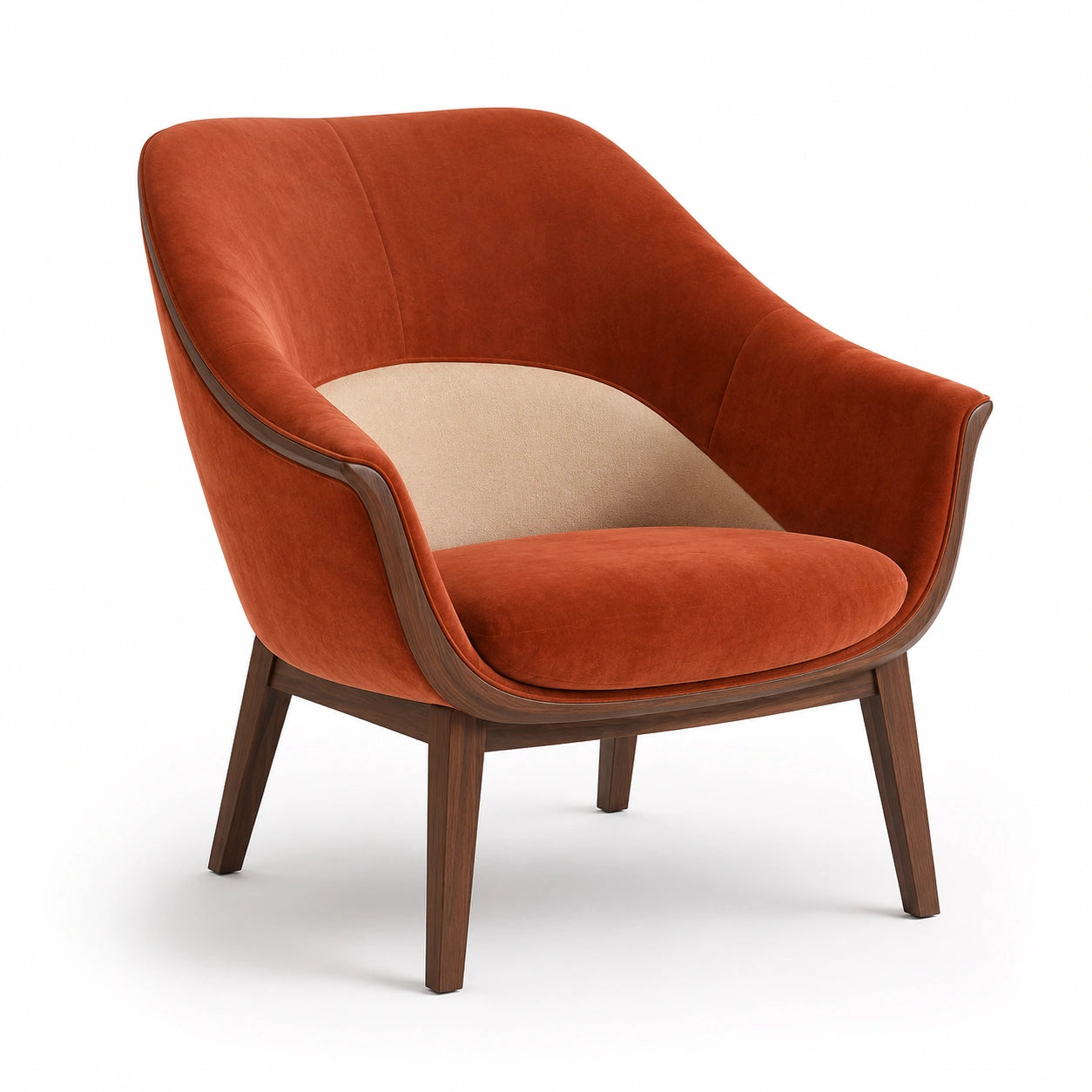 Sillón de terciopelo naranja con patas de nogal