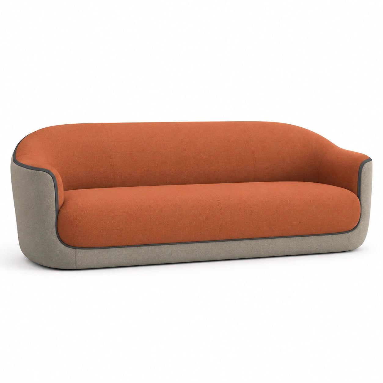 Sofá de tela lino naranja y gris con estructura de madera
