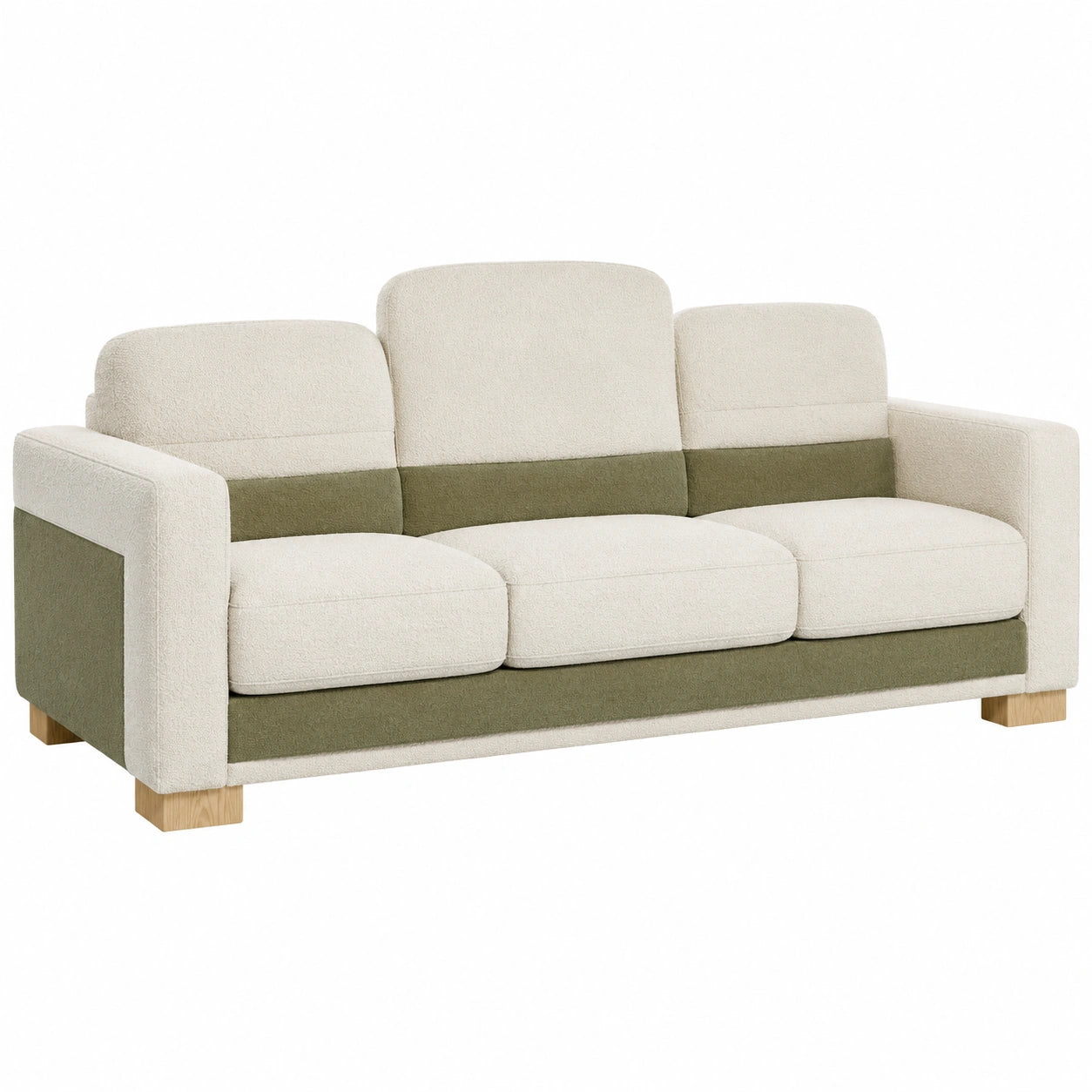 Sofá de 3 Plazas en Bouclé Beige y Verde con Patas de Madera
