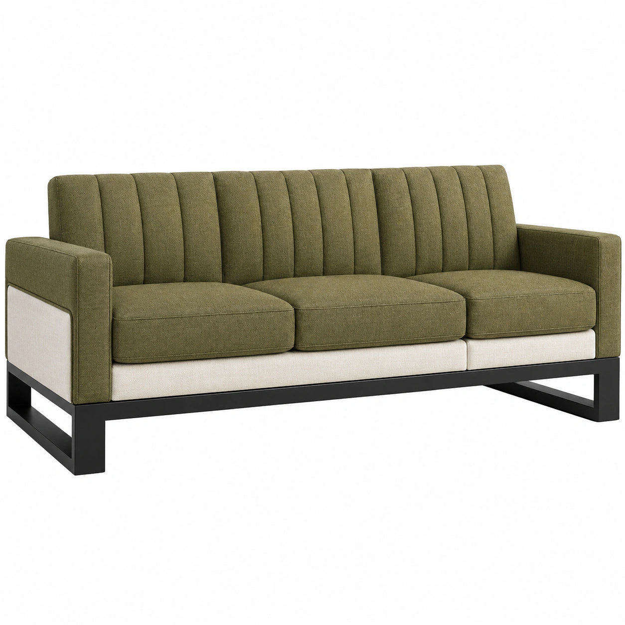 Sofá de 3 plazas de tela verde y beige con estructura de metal