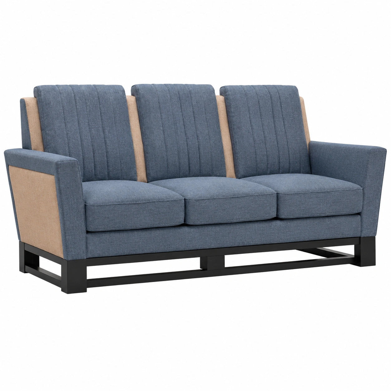 Sofá de 3 plazas de tela de lino azul y beige con estructura de metal