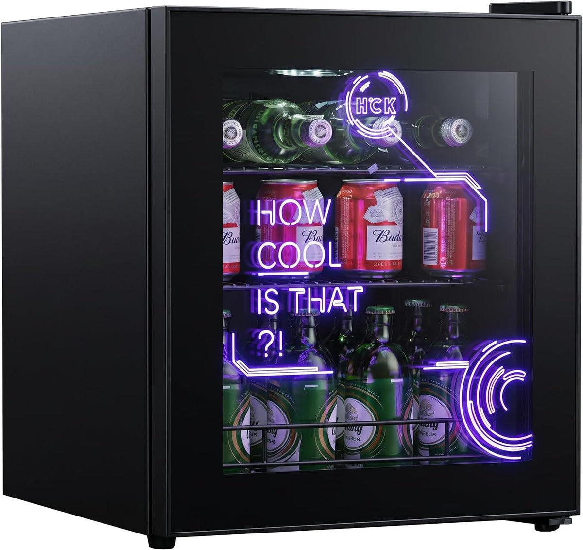 Minifrigorífico, HCK, 48 L, 39 dB, 0 a, com iluminação LED, com prateleiras, vidro, Preto, para uso diário