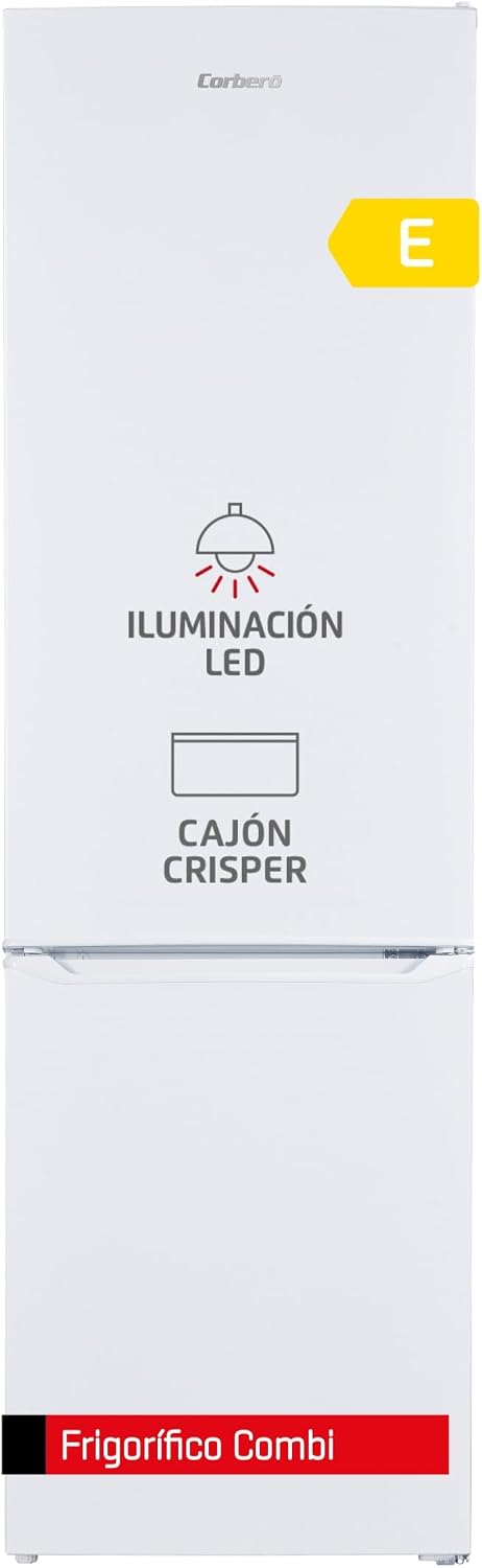 Frigorífico combinado, Corbero, 262 L, 40 dB, regulável, com iluminação LED, com gavetas, vidro, Branco, para uso diário