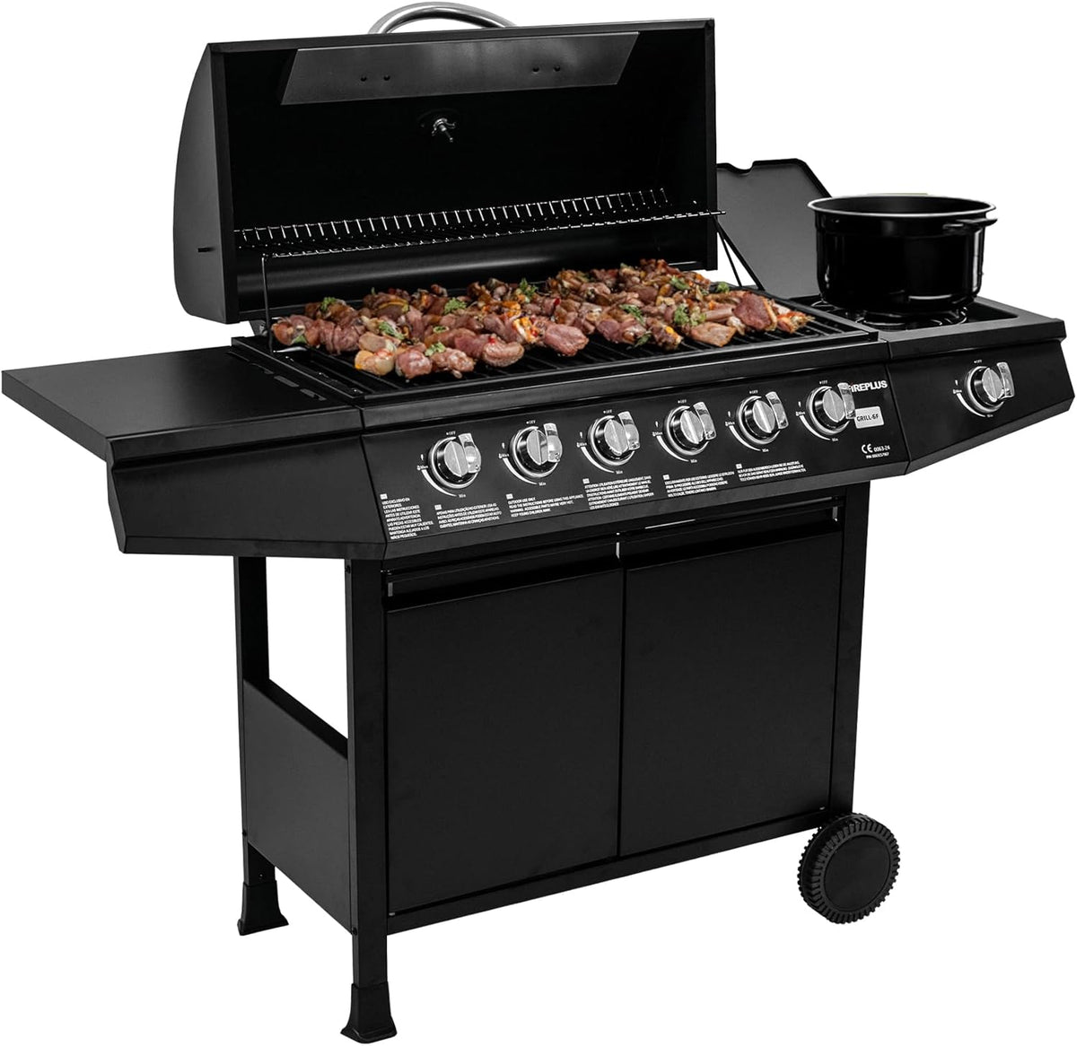 Grelhador a gás, Amig, GRILL-6F, 9 kW, 138 × 52 × 103 cm, com rodas, aço inoxidável, aço, Preto, para jardim e exterior
