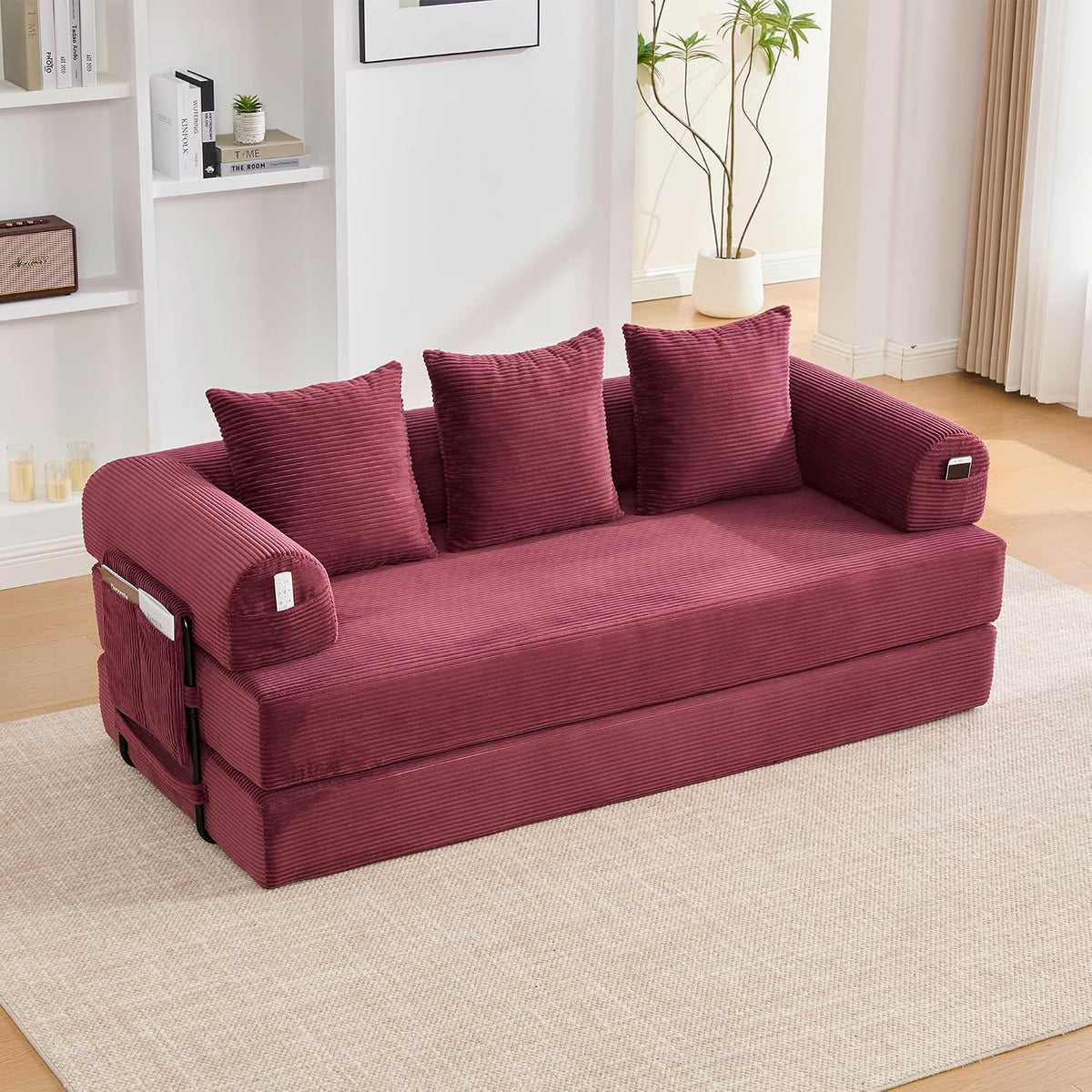 Sofá, Ktipm, 200 cm, 200 × 94 × 67 cm, dobrável, com comando à distância, tecido, Vermelho, para a sala