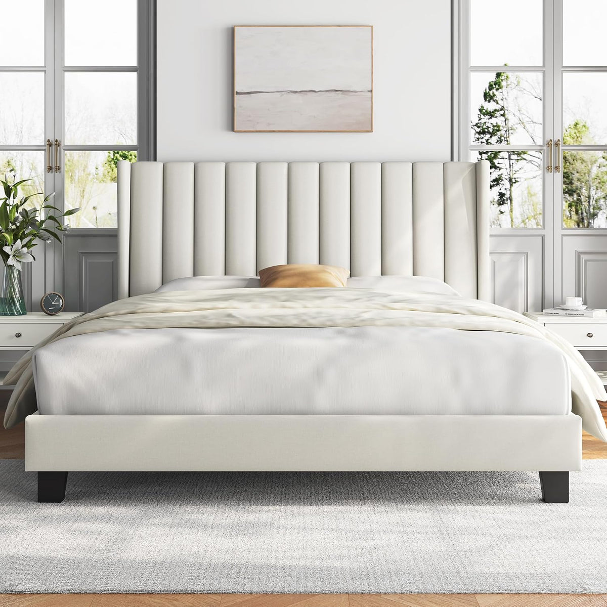 Cama, Yaheetech, 160 × 200 cm, 104 cm, 160 cm, 22 cm, 24,5 cm, 25,9 kg, madeira, poliéster, Bege, para o quarto