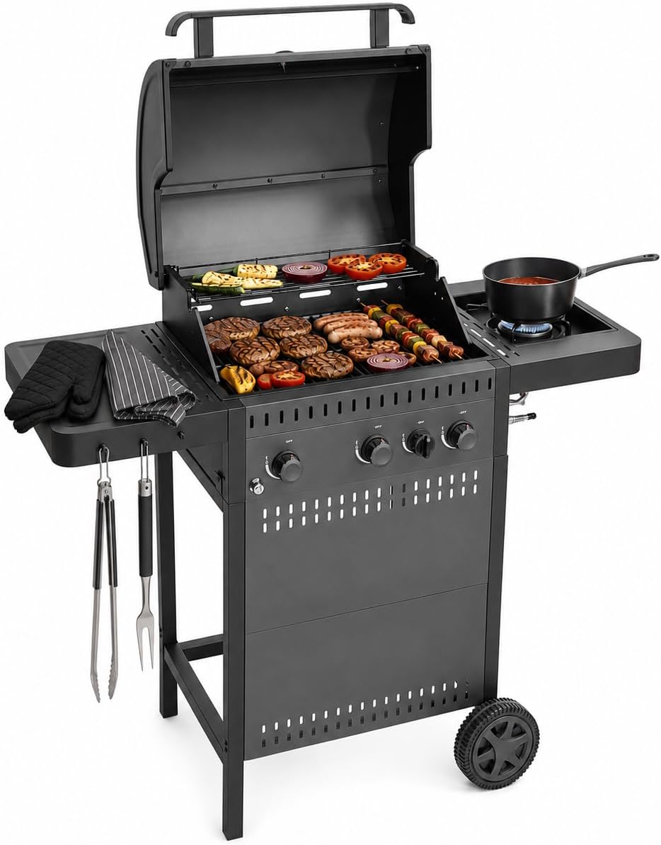 Grelhador a gás, Amig, 110 cm, 38 cm, 117 × 55 × 110 cm, 54 × 38 cm, com rodas, aço, Preto, para jardim e exterior