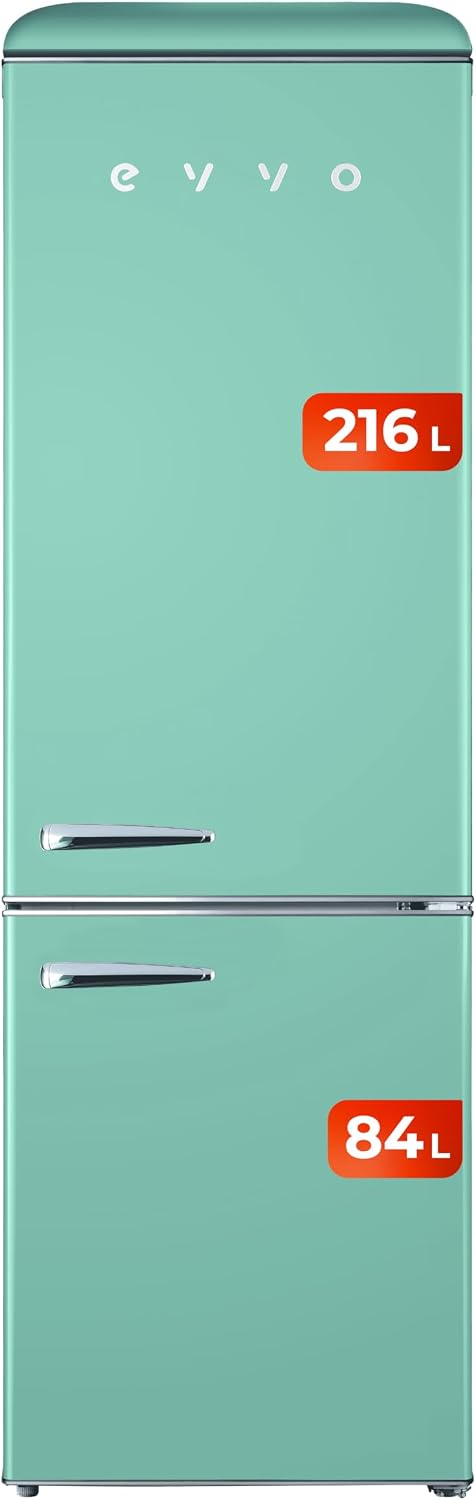 Frigorífico combinado, EVVO, 216 L, 84 L, com gavetas, com prateleiras, Verde, para uso diário