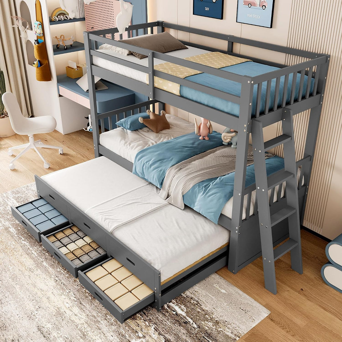 Cama, Idemon, 200 cm, 90 × 200 cm, com gavetas, madeira, Cinzento, para o quarto
