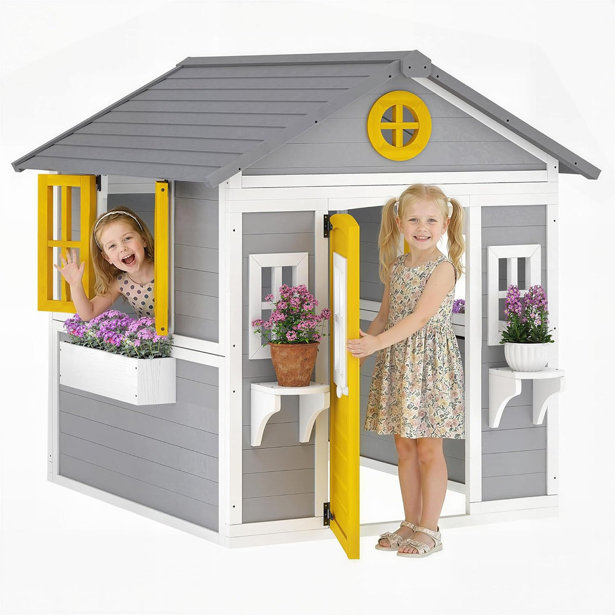 Equipamento de exterior, Outsunny, 99 cm, 3 a, 112 × 126 × 135 cm, com prateleiras, madeira, Cinzento, para jardim e exterior