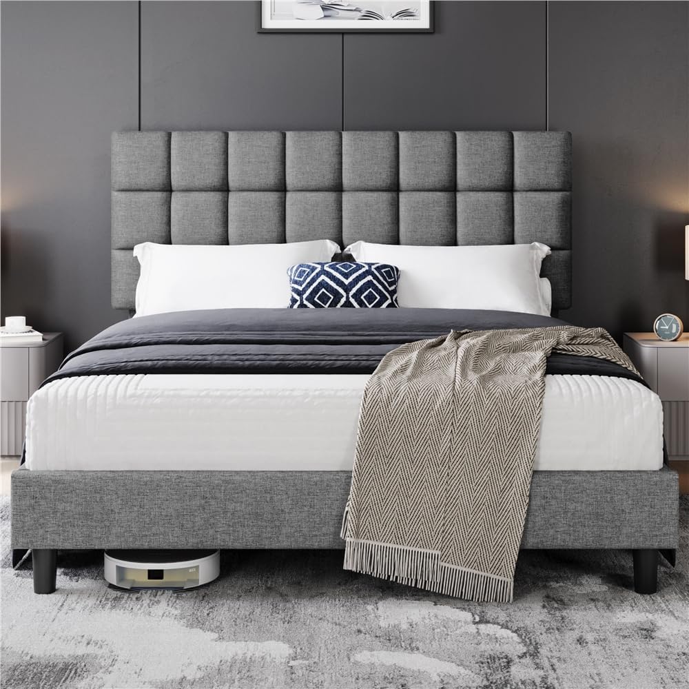 Cama, Yaheetech, 200 cm, 160 × 200 cm, regulável, madeira, plástico, Cinzento, para o quarto
