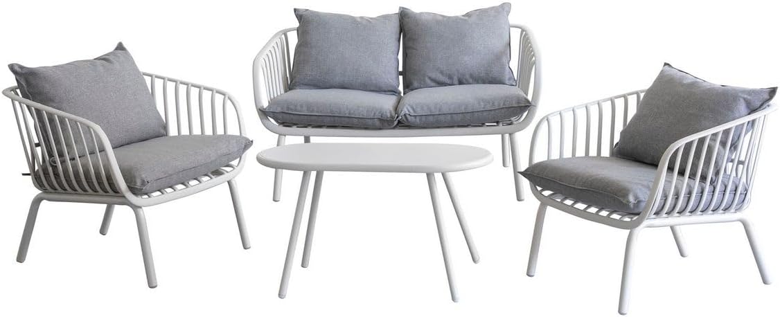 Conjunto de jardim, LOLAhome, 79 × 72 × 80 cm, 124 × 72 × 80 cm, 80 × 45 × 45 cm, aço, poliéster, Cinzento, para jardim e exterior