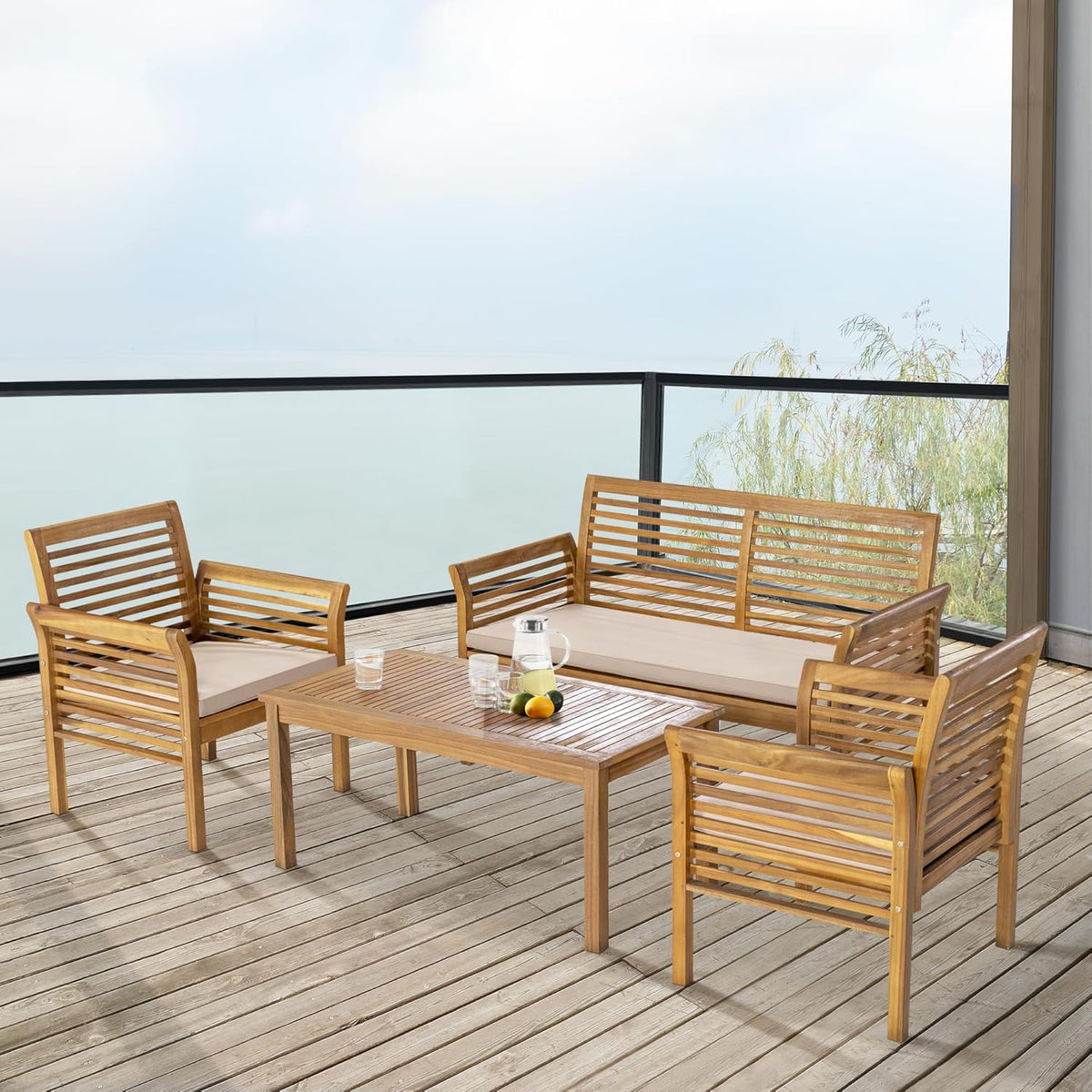 Conjunto de mobiliário de jardim, casa.pro, 2 Cadeiras, 50 cm, 46 × 100 × 50 cm, madeira, Bege, para jardim e exterior