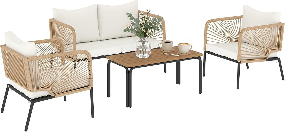 Conjunto de mobiliário de jardim, Outsunny, 8 cm, 12 cm, 240 kg, 120 kg, madeira, ratã, Branco, para jardim e exterior