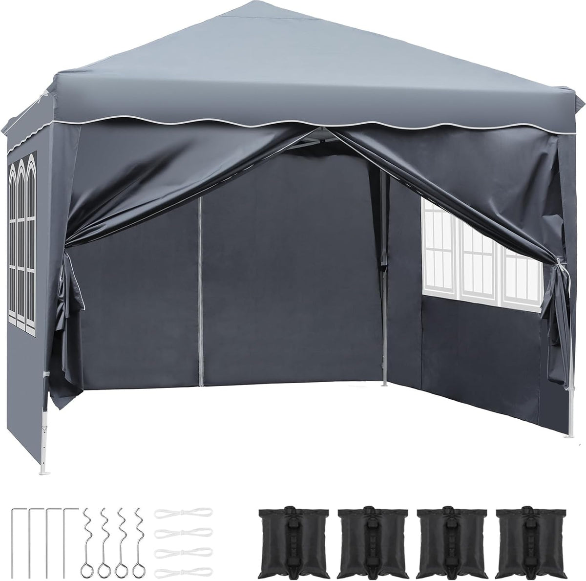 Conjunto de jardim, LIFERUN, 255 cm, 265 cm, 275 cm, 3 m, 2 pessoas, 8 pessoas, dobrável, aço, tecido, Cinzento, para jardim e exterior